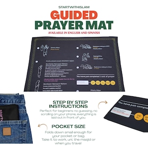 Könnte beinhalten: Schwarze, geführte Gebetsmatte mit Schritt-für-Schritt-Anleitung und Taschenformat. Die Matte zeigt Illustrationen und Text auf Englisch und Spanisch. Die Matte ist gefaltet und in einer Tasche.