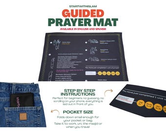 Instructional Prayer Mat with Transliteration - Step by Step Guide for Beginners - Pocket Size Guided Salat