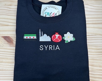 Syria Embroidered Crewneck | Syria 4 icons sweater | flag, Umayyad Mosque, pomegranate, Jasmine flower