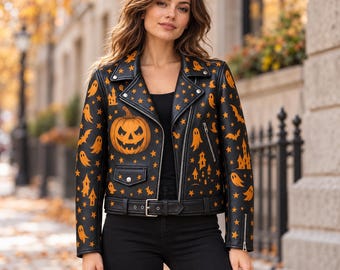 May include: A black leather motorcycle jacket featuring an all-over orange print of jack-o'-lanterns, ghosts, bats, haunted houses, and stars. The jacket includes a notched lapel, silver-tone metal zippers, a front flap pocket, and a buckled belt.