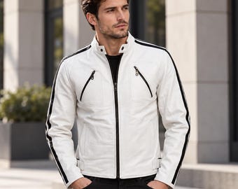 Men’s White Cowhide Leather Biker Jacket Motorcycle Racing Stripe Café Racer Casual Moto Outerwear