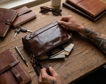 Italian Full Grain Leather Men's Clutch Bag - Handmade Travel Organizer, Business Portfolio, Gift Him