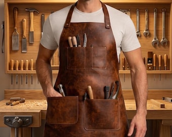 Full Grain Leather Apron, Handmade Woodworking, BBQ, Chef, Blacksmith Tool Pockets