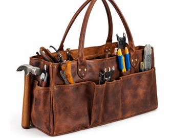 Handmade Full Grain Leather Tool Tote Bag, Carpenter Electrician Organizer, Father's Day Gift