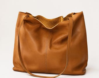 Cowhide Leather Tote, Genuine Brown Or Black Slouchy Shoulder Purse