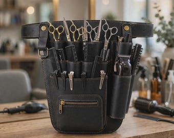 Leather Barber Belt, Adjustable Waist Holster with 6 Scissor Slots