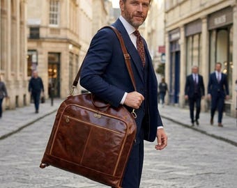 Personalized Full Grain Leather Garment Bag, Monogrammed Suit Carrier for Men