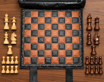 Handmade Leather Magnetic Chess Set, Wooden Pieces, Roll Up Travel Board