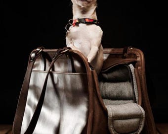 Transportín para perros de piel de grano completo: bolsa de viaje transpirable, interior suave, para mascotas pequeñas.