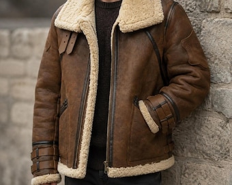 Winter Flight Jacket, Brown Cowhide Leather Men's B3 Style With Cream Pile Trim
