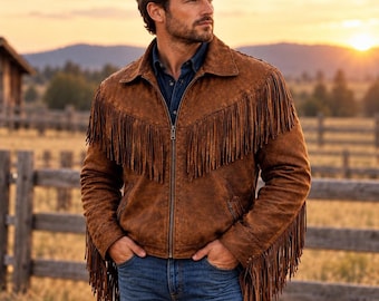 Men’s Brown Genuine Leather Fringe Jacket Western Cowboy Biker Coat Handmade Ranch Wear