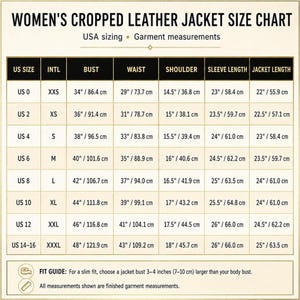 Size chart table for the women's cropped leather jacket listing measurements in inches and centimeters for US sizes 0 through 16.