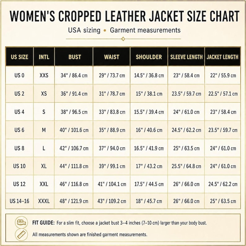 Size chart table for the women's cropped leather jacket listing measurements in inches and centimeters for US sizes 0 through 16.