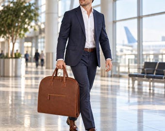 Personalized Full Grain Leather Suit Carrier, Brown Garment Bag, Men’s Travel Suit Bag, Groomsman Gift
