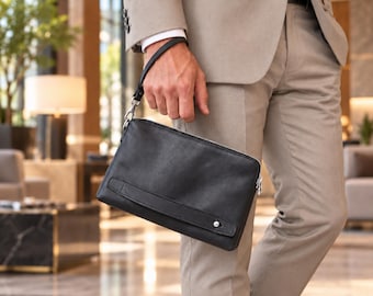 Men’s Black Genuine Leather Clutch Bag Handmade Wristlet Travel Organizer Wallet Silver Hardware Gift for Him