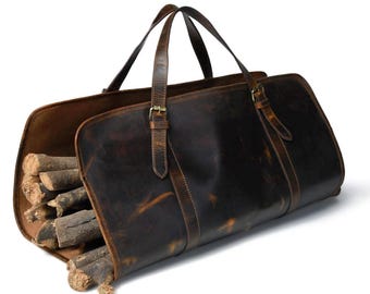 Leather Firewood Carrier, Rustic Log Tote with Durable Design for Easy Transport