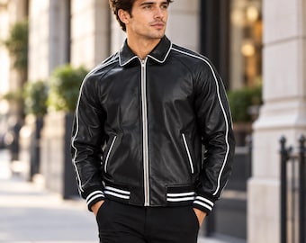 Men’s Black Genuine Leather Varsity Jacket, Sheepskin Bomber Baseball Coat, College Style Outerwear