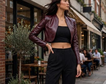 Sheep Leather Jacket, Burgundy Cropped Bolero with Full-Length Sleeves