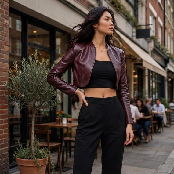 Sheep Leather Jacket, Burgundy Cropped Bolero with Full-Length Sleeves
