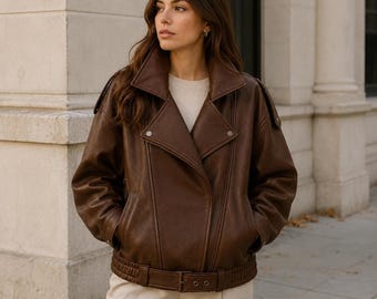 Leather Biker Jacket, Oversized Brown Moto Style with Adjustable Waist Belt