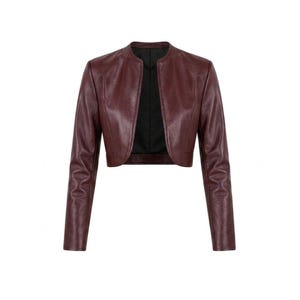 Front view of a burgundy leather collarless cropped jacket laid flat against a white background.