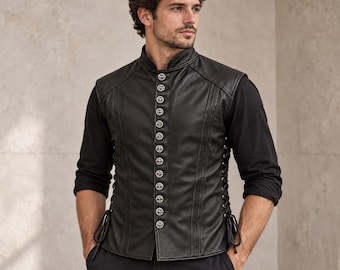 Genuine Leather Biker Vest with Lace Up Sides, Gothic Motorcycle Waistcoat
