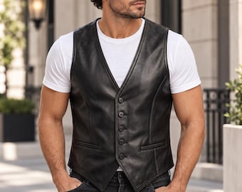Men’s Black Genuine Leather Vest, V Neck Five Button Waistcoat, Handmade Western Formal Gilet, Gift for Him