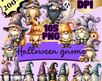May include: A digital graphic featuring various Halloween gnomes with pointed hats, beards, and holding pumpkins. The image includes the text "Free 200++", "105 PNG", "Halloween gnome", and "300 DPI". The gnomes are in various colors.