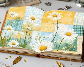10 Daisy Floral Junk Journal Digital Papers - Patchwork Quilted Shabby Chic Scrapbook Ephemera