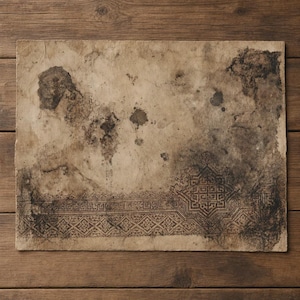 May include: A rectangular sheet of aged, tan-colored paper featuring a distressed, weathered texture with dark brown ink stains. The bottom section displays a detailed, dark brown printed border with intricate geometric and floral patterns.