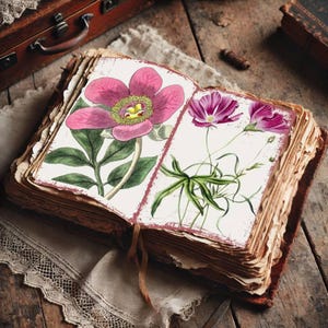 Può includere: Un libro vintage aperto con due illustrazioni di fiori pressati. La pagina sinistra presenta un fiore rosa con un centro giallo. La pagina destra presenta un gruppo di fiori rosa con foglie verdi.