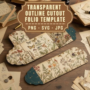 Op de afbeelding: Twee bloemen folio-sjablonen met een vintage esthetiek. De sjablonen hebben een crèmekleurige achtergrond met kleurrijke bloemen en vlinders. De bovenkant van de sjablonen heeft een blauwgroene accentkleur met een sterrenbeeldontwerp. De tekst op de afbeelding luidt: "TRANSPARENT OUTLINE CUTOUT FOLIO TEMPLATE PNG - SVG - JPG."