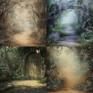 May include: Four digital backgrounds featuring a whimsical forest setting. The first image shows a path leading into a misty forest. The second image shows a path leading through a lush forest with purple flowers. The third image shows a stone path leading to a wooden door with an ornate iron design. The fourth image shows a path leading through a forest with red flowers.