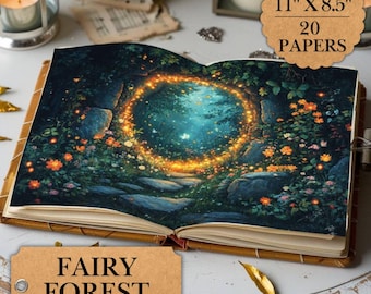 Puede incluir: Un libro con una ilustración de bosque de hadas en la portada. El libro está abierto para revelar una escena mágica con un círculo brillante y un camino que conduce al bosque. El libro está etiquetado como "Fairy Forest Printable Papers" y "11" x 8.5" 20 Papers".