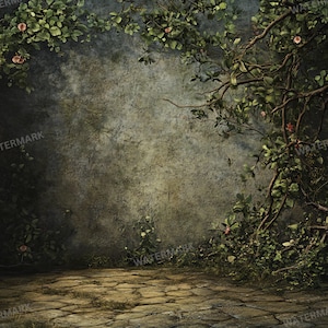 May include: A weathered stone wall with a stone floor in front of it. Vines with green leaves and pink flowers grow up the wall and across the floor.