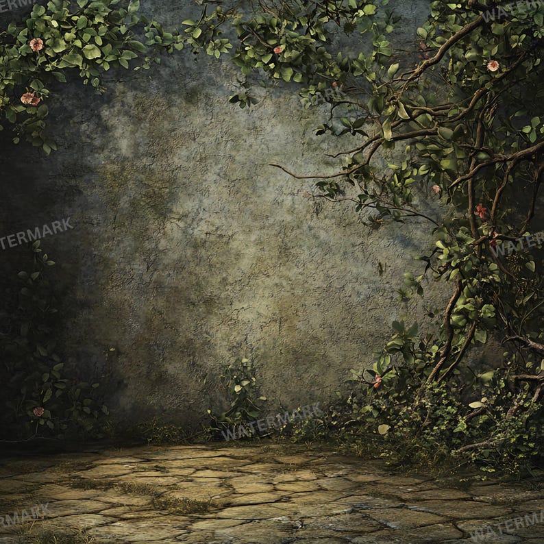 May include: A weathered stone wall with a stone floor in front of it. Vines with green leaves and pink flowers grow up the wall and across the floor.