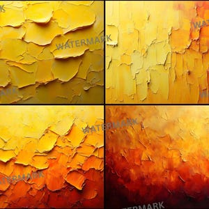 May include: Four-panel artwork featuring textured abstract art in shades of yellow, orange, and red. The thick paint strokes create a layered, tactile effect, with the colors blending from light to dark, evoking a sense of warmth and energy.