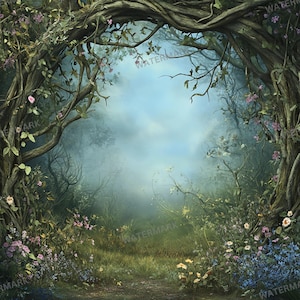 May include: A whimsical forest scene with a pathway leading through a natural archway formed by twisted branches. The archway is adorned with delicate pink flowers and lush green foliage. The background is a soft blue with a hazy, dreamy effect.