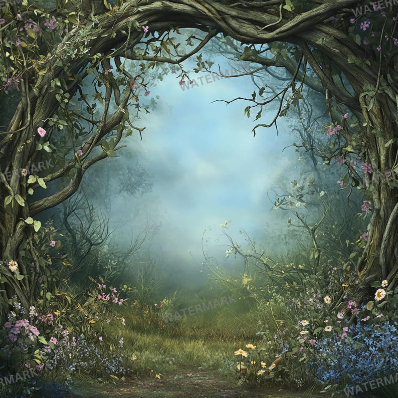 May include: A whimsical forest scene with a pathway leading through a natural archway formed by twisted branches. The archway is adorned with delicate pink flowers and lush green foliage. The background is a soft blue with a hazy, dreamy effect.