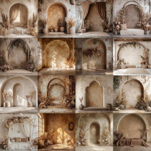 K&ouml;nnte beinhalten: Eine Collage aus 12 Bildern mit verschiedenen gew&ouml;lbten Durchg&auml;ngen, die mit getrockneten Blumen, Gr&uuml;npflanzen und Stoffvorh&auml;ngen dekoriert sind. Die Hintergr&uuml;nde sind texturiert und in warmen, erdigen T&ouml;nen bemalt.