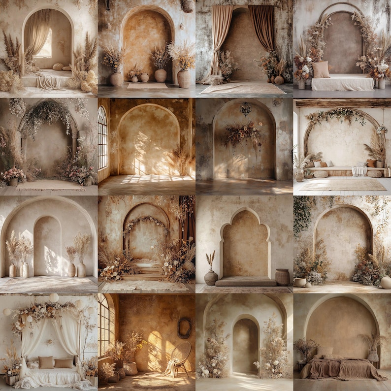 K&ouml;nnte beinhalten: Eine Collage aus 12 Bildern mit verschiedenen gew&ouml;lbten Durchg&auml;ngen, die mit getrockneten Blumen, Gr&uuml;npflanzen und Stoffvorh&auml;ngen dekoriert sind. Die Hintergr&uuml;nde sind texturiert und in warmen, erdigen T&ouml;nen bemalt.