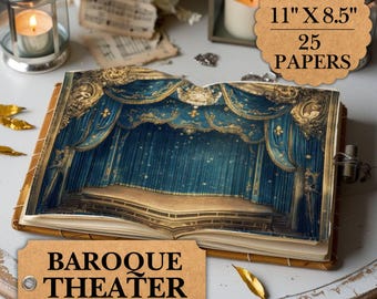 May include: A set of 25 printable papers featuring a vintage illustration of a Baroque theater stage. The papers are 11 inches by 8.5 inches.