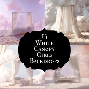 May include: A composite image featuring four different white canopy bed designs against a backdrop of clouds and a pink sky. The image includes the text "15 White Canopy Girls Backdrops" in a black, decorative shape.
