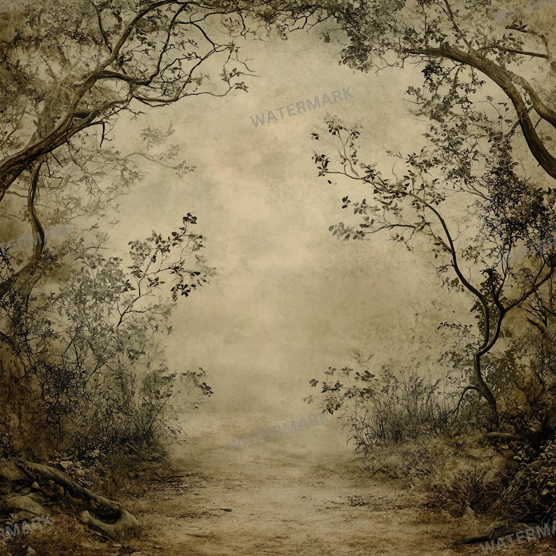 May include: A misty forest path with tall trees on either side. The path leads into the distance, disappearing into the fog. The trees are bare, with only a few leaves remaining. The ground is covered in fallen leaves and twigs. The overall tone of the image is dark and mysterious.