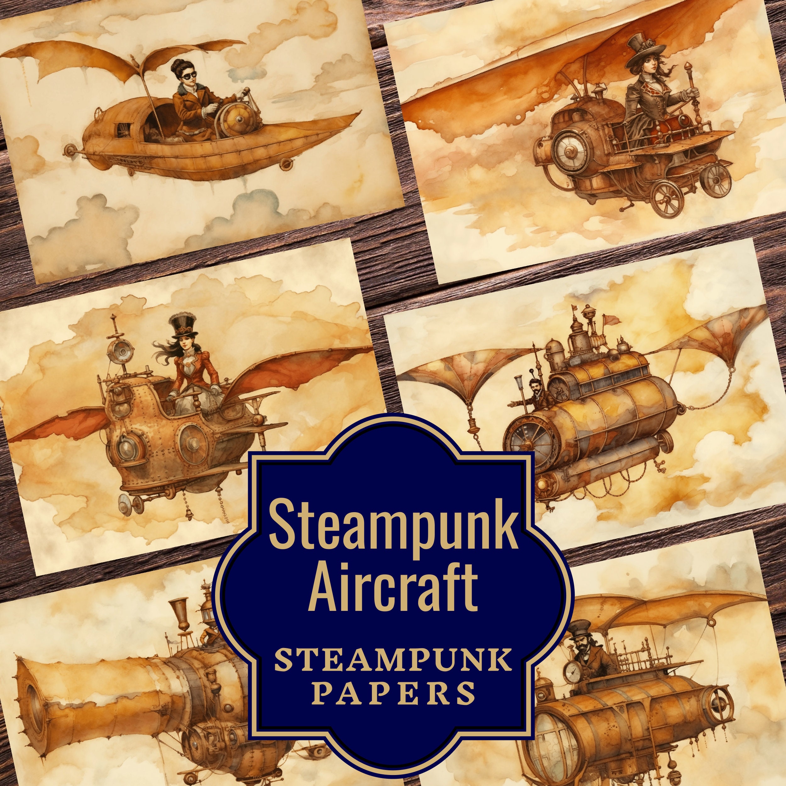 Steampunk Aircraft Junk Journal Papers - Vintage Steampunk Design, Printable Ephemera, Double Pages for Journaling, Steampunk Travel