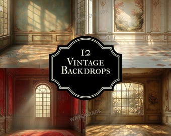 Peut inclure: Un ensemble de 12 toiles de fond vintage représentant différentes pièces avec de grandes fenêtres, des moulures ornées et des rayons de soleil qui traversent. Les toiles de fond sont parfaites pour les photographes et les vidéastes qui souhaitent créer une esthétique classique et élégante.