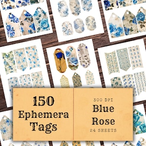 Blue Rose Ephemera Tags - 150 Junk Journal Tags, Floral Ephemera, Junk Journal Kit, Ephemera, Vintage Blue Rose Ephemera, Vintage Tags