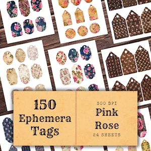 Pink Rose Ephemera Tags - 150 Junk Journal Tags, Shabby Rose Printable Ephemera, Junk Journal Kit, Vintage Pink Rose Ephemera, Vintage Tags