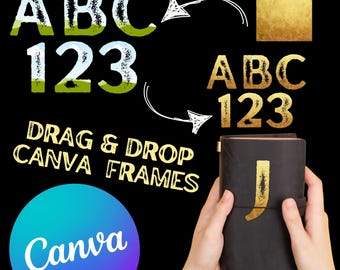 Marcos de letras de Canva: arrastra y suelta marcos. Letras del alfabeto rellenables con efecto desgastado. Plantillas PNG de marcos de Canva y doodles.
