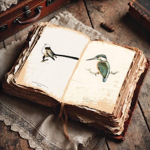 Peut inclure: Un livre antique ouvert avec des illustrations d'un oiseau à longue queue et d'un martin-pêcheur. Le livre a des pages vieillies et une couverture en cuir usée.